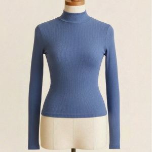 Slate Blue Ribbed Mock Neck Long-Sleeve Top
